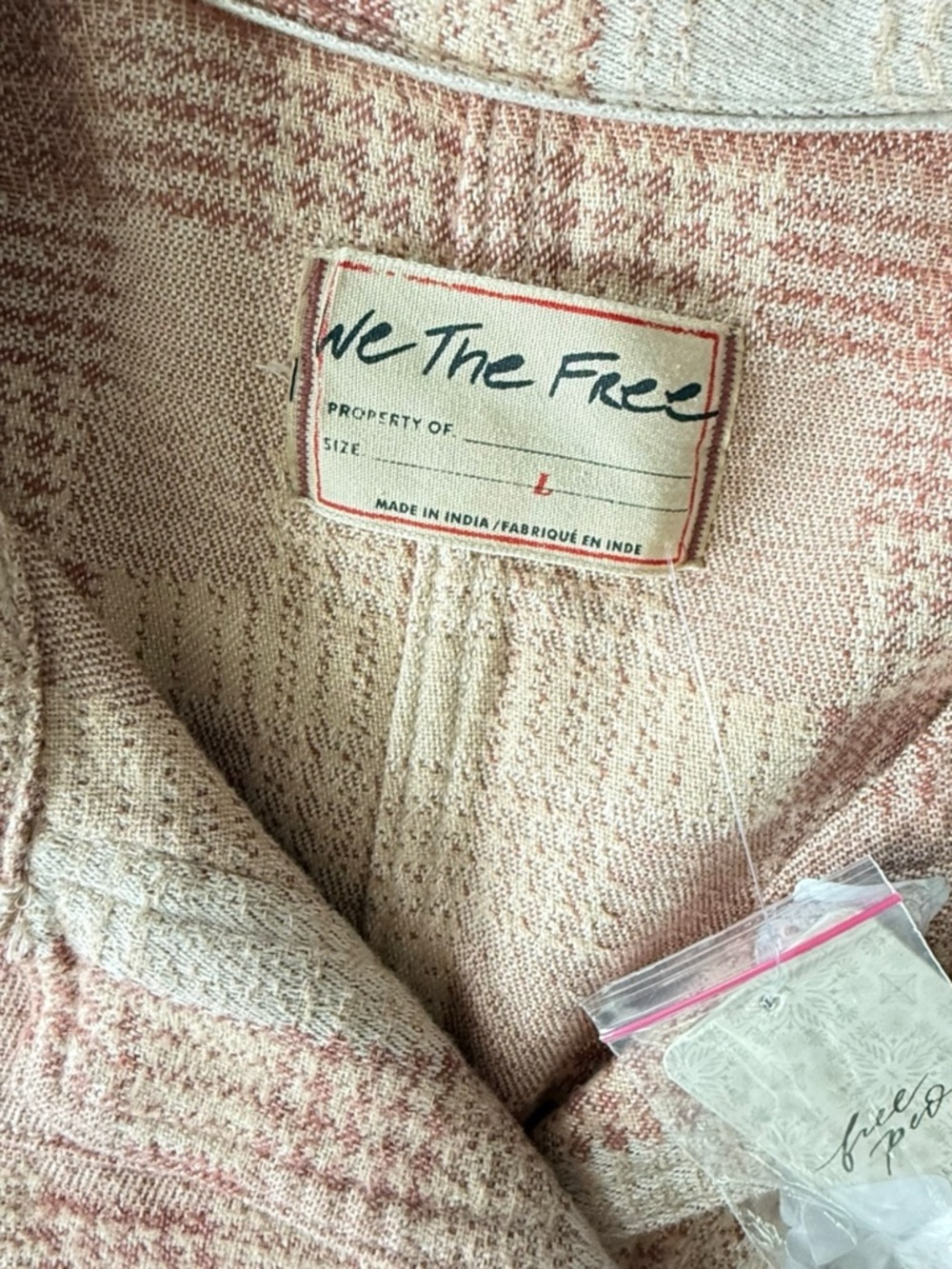 Free People We The Free Shirt Women L Beige Pink Plaid Button Up Long Sleeve - Picture 5 of 12